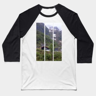 Wonderful landscapes in Norway. Vestland. Beautiful scenery of houses with grass roof. Norwegian traditional architecture Mountains, trees and snow in background. Cloudy day (vertical) Baseball T-Shirt